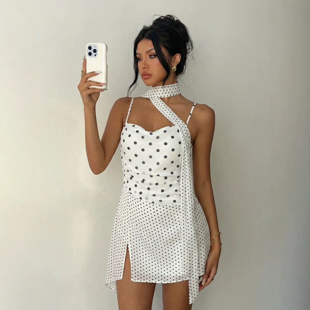 ZARA Polka Dot Halter Neck Backless Mini Dress Sexy French Style for Women